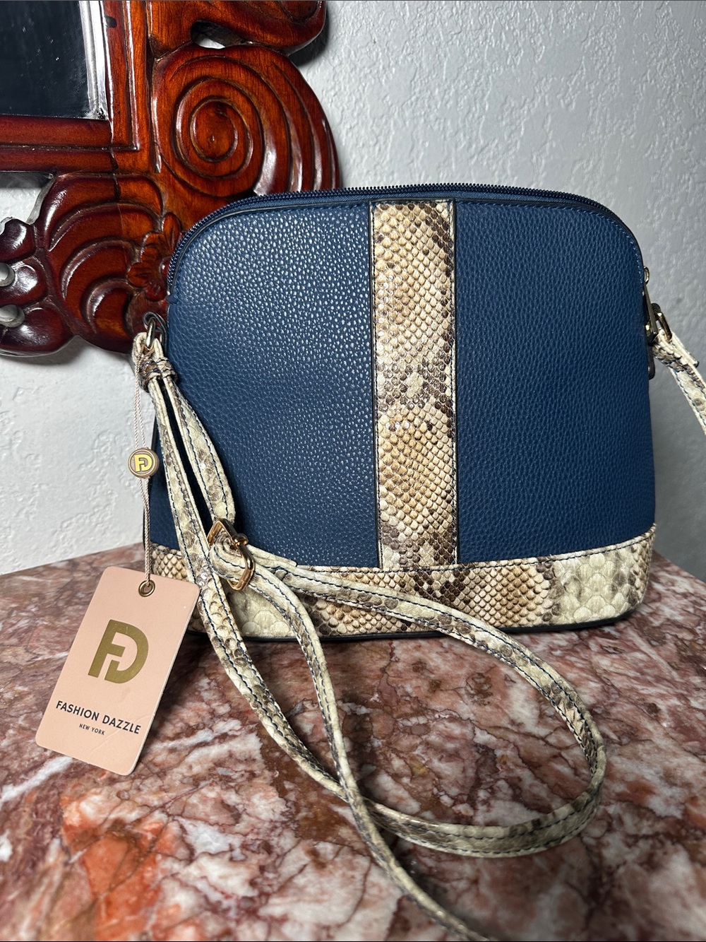 Fashion Dazzle Navy Crossbody with Snake-Print Trim
